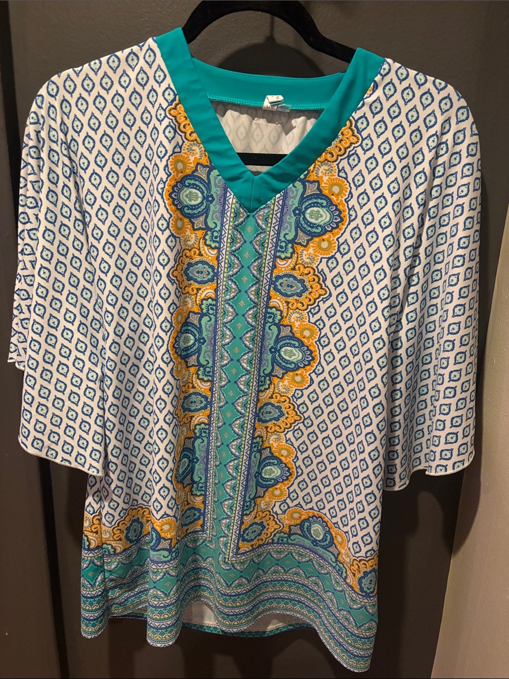 Cabana Life Teal, Blue & White Printed V-Neck Tunic with Yellow Accents